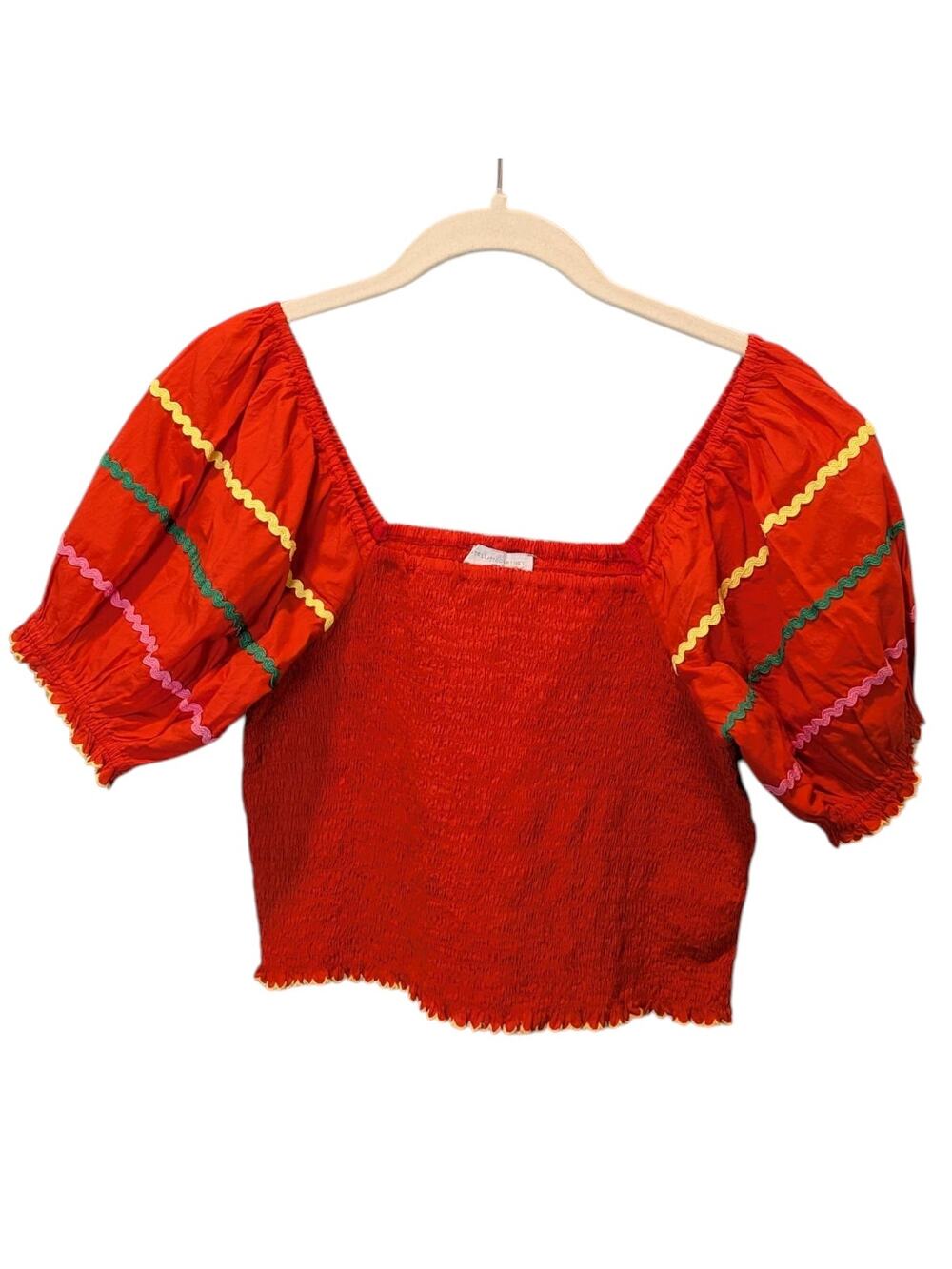 Stella McCartney Kids Girls 14+ Red Puff Sleeve Smocked Peasant Top Cropped